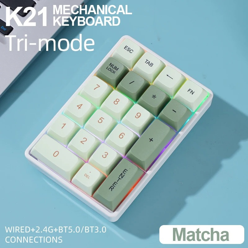 Tastiera meccanica wireless K21 a 21 tasti - Tri-Mode (BT/2.4G/USB-C), illuminazione RGB, sostituibile a caldo, compatta per PC/laptop: green / Interruttore blu