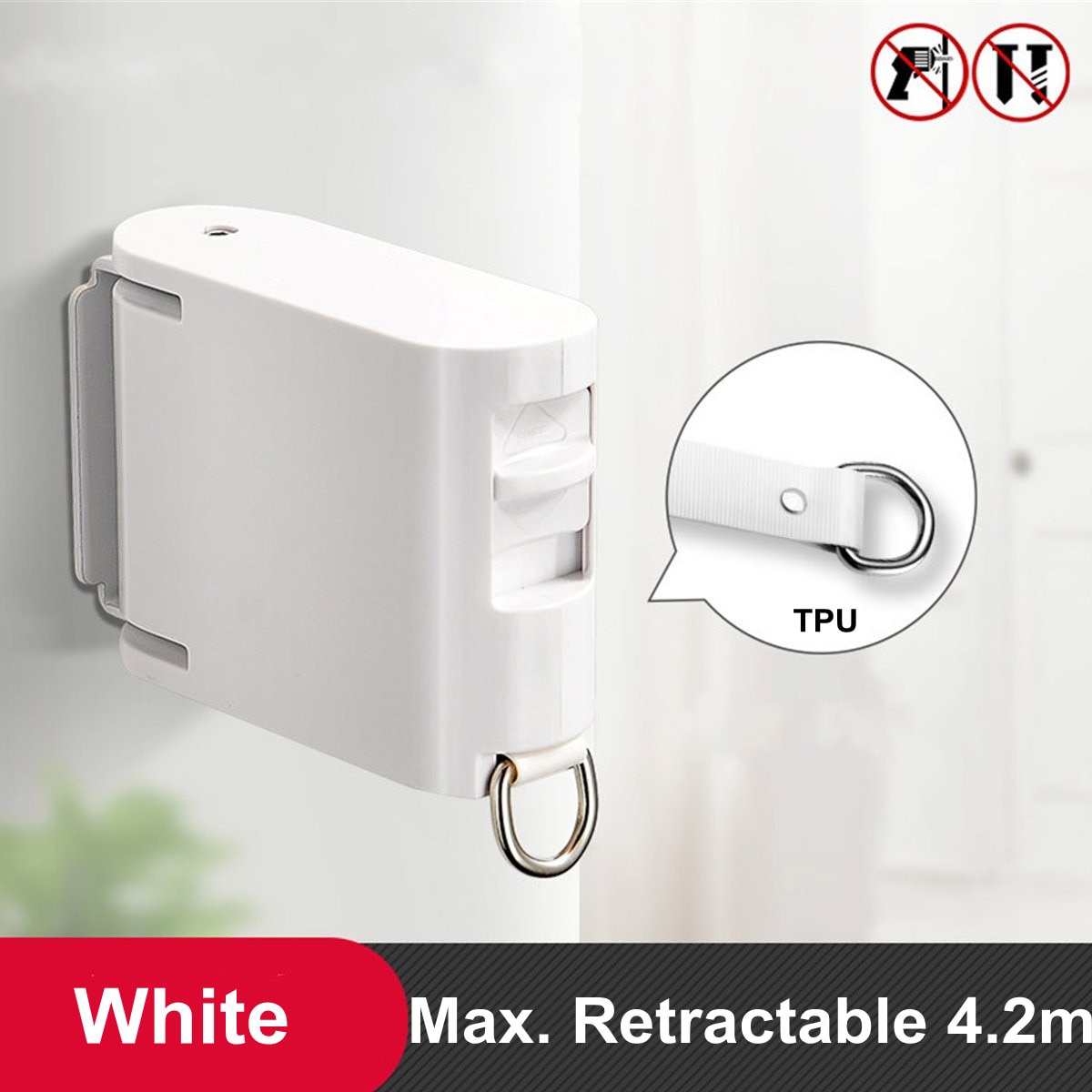 Indoor Outdoor Retractable Laundry Clothesline Wall Hanging Folding Stretch Washing Clothesline Shrinking Balcony Stealth Line: White