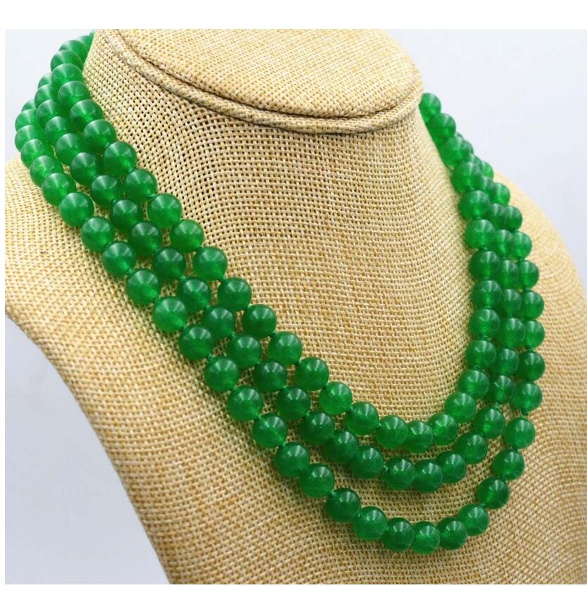 3 linhas natural 8mm verde esmeralda contas redondas colar 17-19'