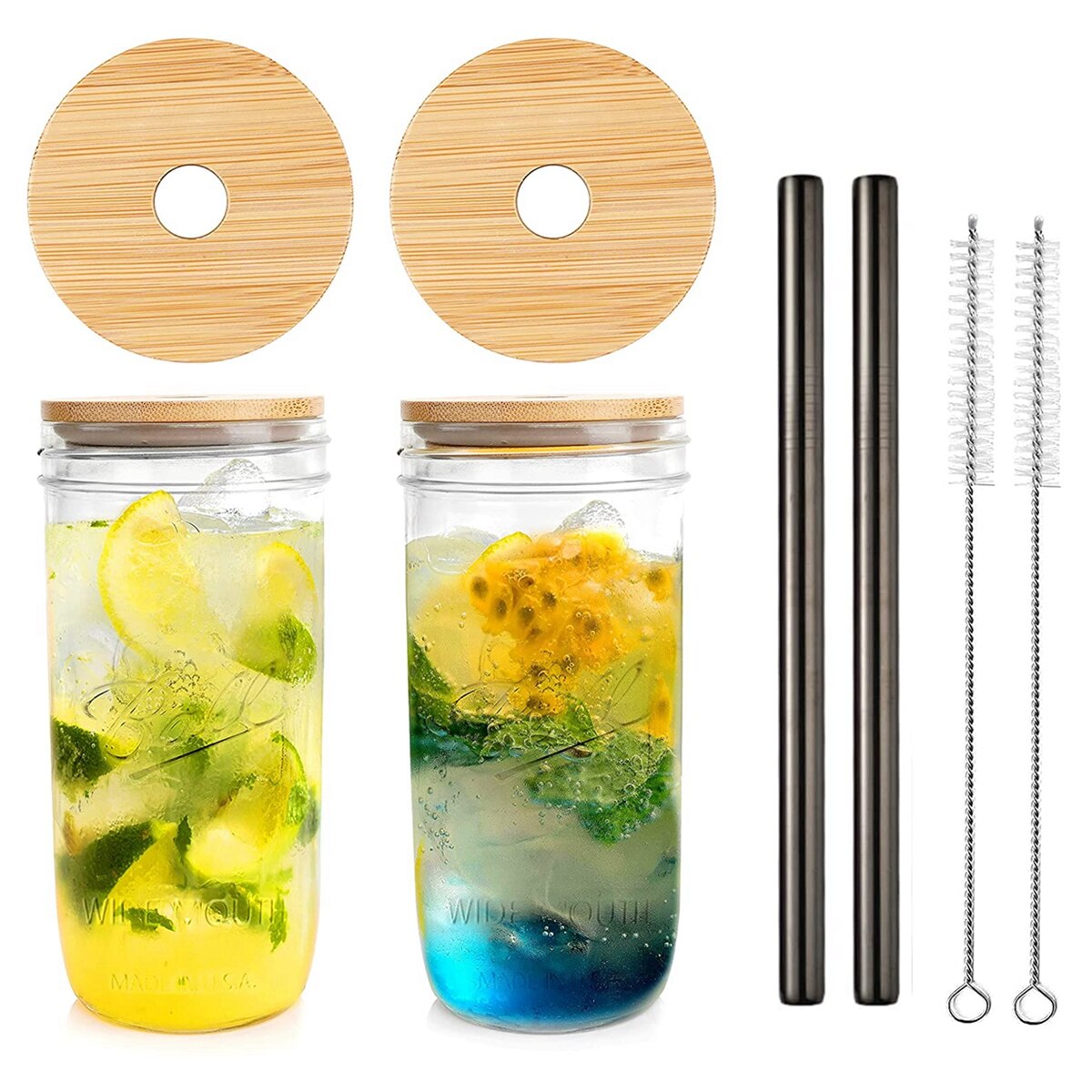 Lot de 2 pots de maçon en verre avec paille, verre réutilisable avec couvercle en bambou, pot de maçon à large bouche pour Boba Bubble Tea: 600ml Black Straws
