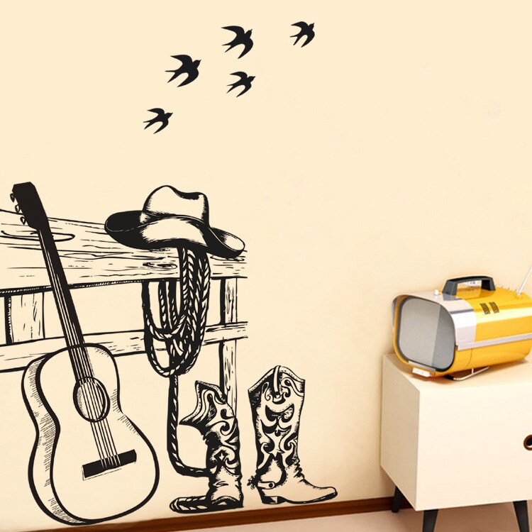 Tecknad skiss cowboy dress up gitarr väggdekor dekoration för pojkar sovrum hem dekal mönster avtagbar pvc fönster affisch
