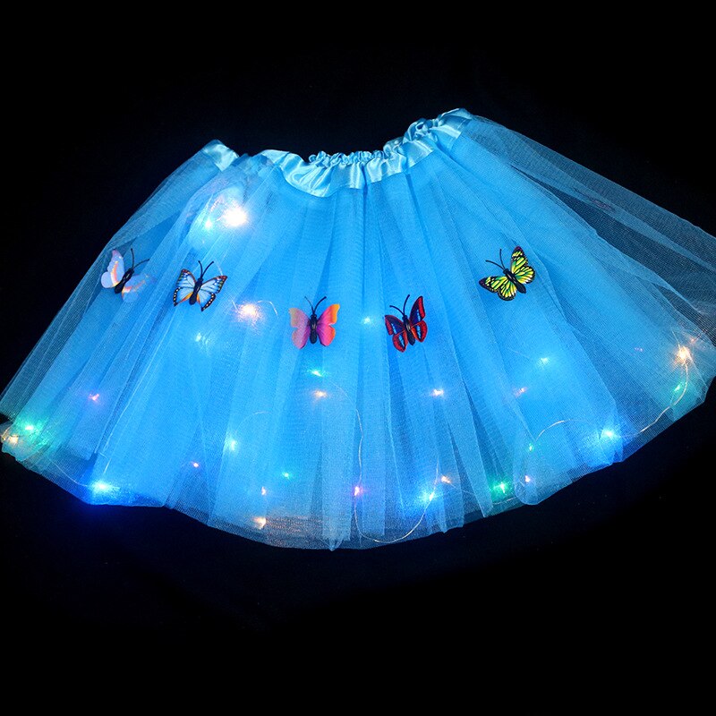 Tutú con luz de mariposa para niña, falda LED, corona de flores brillantes, diadema para , bola mágica, disfraz de Hada de Ángel, de cumpleaños y Navidad: light blue