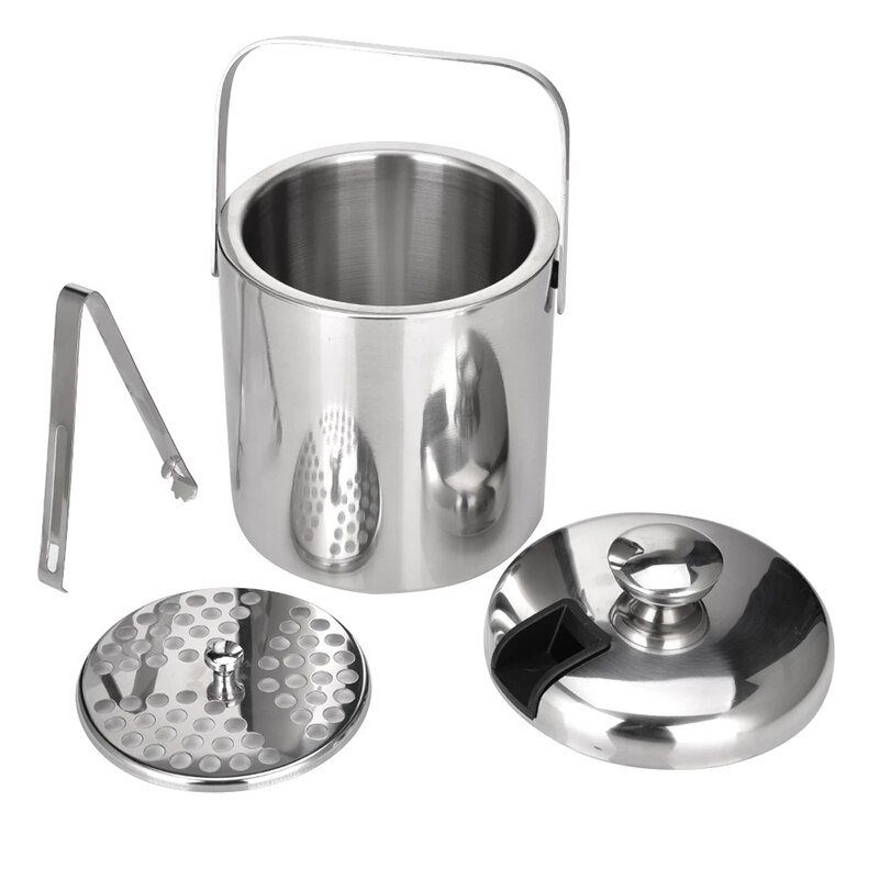 1.3L Stainless Steel Ice Cube Container Double Walled Ice Bucket Container with Tongs Lid