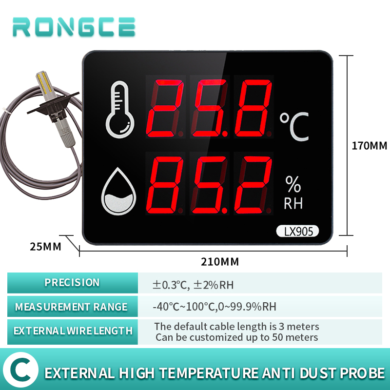 Factory Selling LED Thermometer Hygrometer Industrial Temperature Alarm External Probe LX905: LX905C