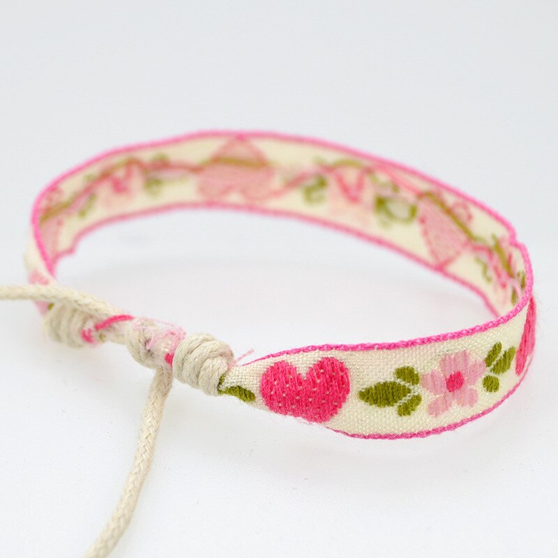 ABL327, Rosa Herz Stoff Stickerei Floral Armbänder Original Handmade Geflochtene Hand Seil Schmuck Zubehör Frauen