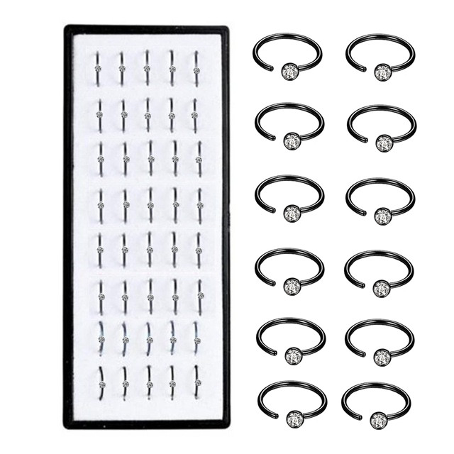 Pack de clous de nez en acier inoxydable, 40/60 pièces, cerceau de perçage de nez en cristal en vrac, ensemble d'anneaux de nez en forme de L, Piercing courbé, bijoux pour le corps: WHITE / Plaqué or antique