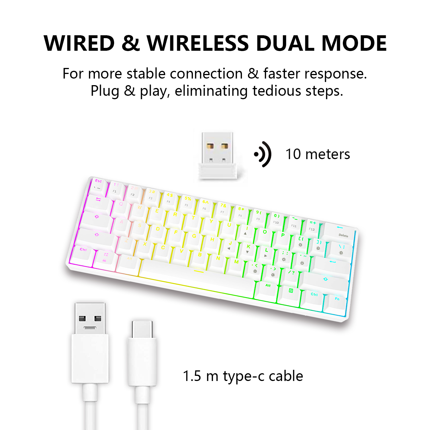 RedThunder Rechargeable Wireless 60% Mechanical Keyboard, True RGB Backlit, 61 Keys Compact Layout Keyboard for Laptop PC Mac