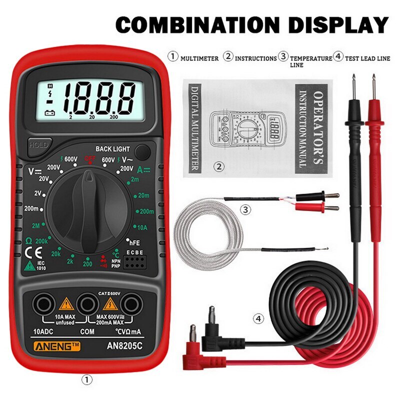 AN8205C Digital Multimeter AC/DC Ammeters Volt Ohm Tester Meter Multimetro With Thermocouple LCD Backlight Portable
