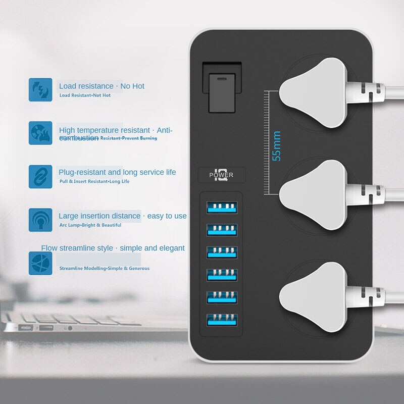 Power Strip with USB Ports Surge Protector with 3 AC Outlets and 6 USB Charging Ports 3000W/16A 2m Power Cord Length