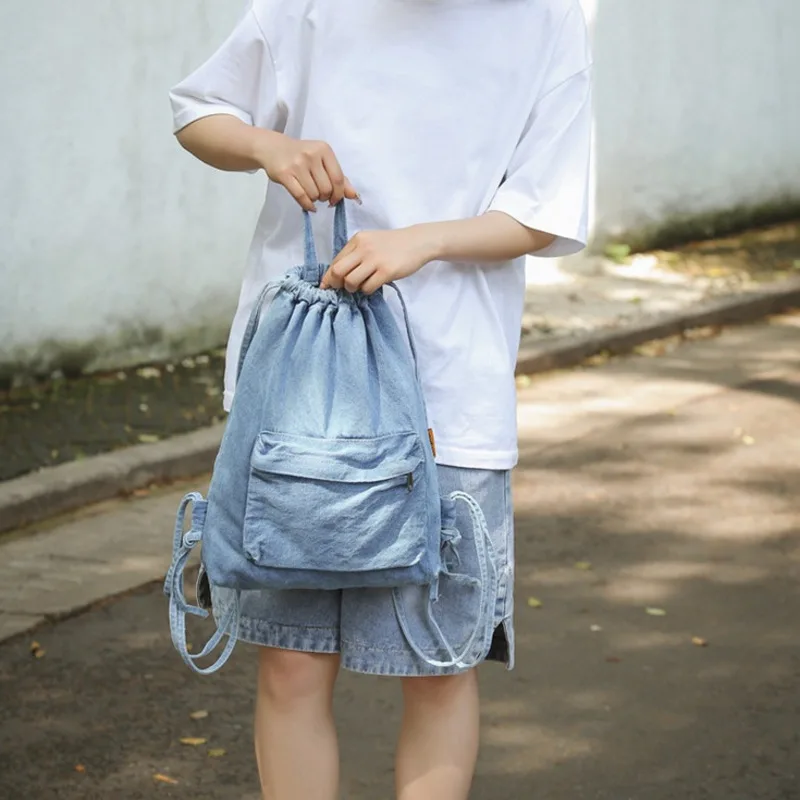 Mochila Gewassen Canvas Tas Met Trekkoord Voor Dames Retro Mode Reisrugzak Unisex Effen Kleur Denim Rugzak