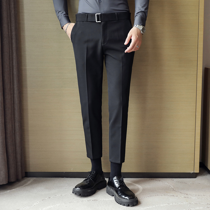 Pantalon de costume avec ceinture pour homme, Style anglais, décontracté, Slim, longueur cheville, noir, automne hiver