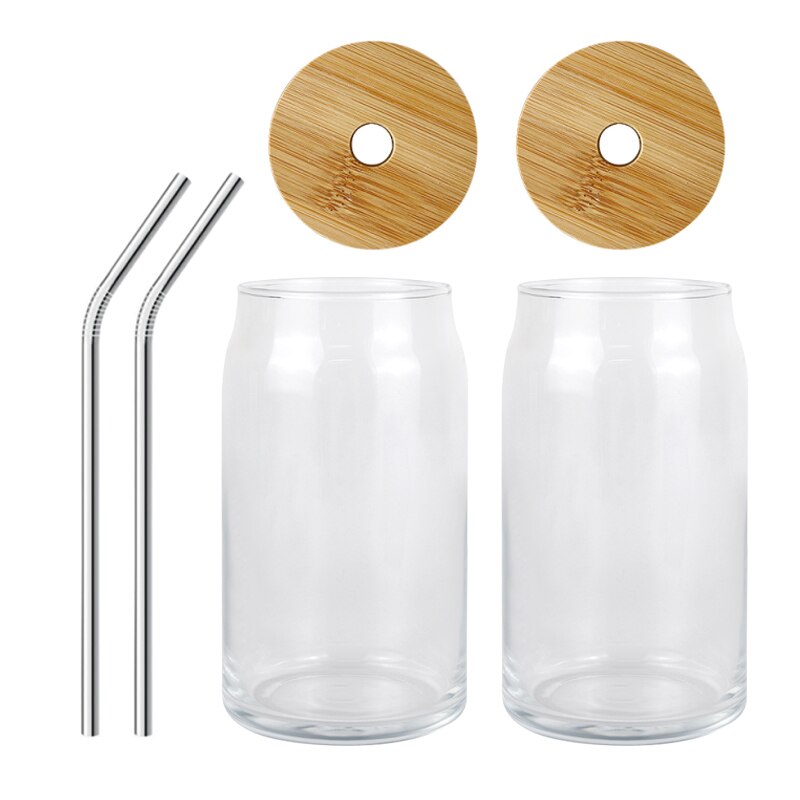Transparent Can shape Glass Cups with Bamboo lid and straw Ice Coffee cup Glass tumblers High boron Beer Can glass Drinkware: 2 PCS with lid / 400ML