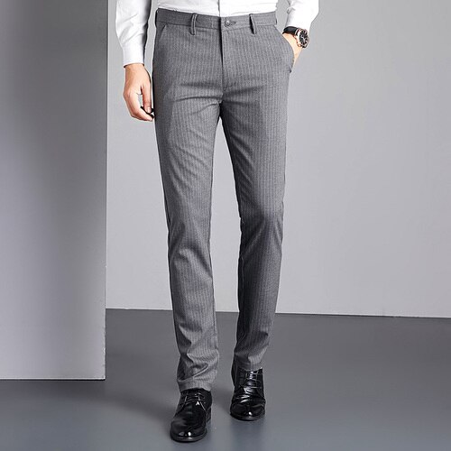 Mens Suit Pants Summer Men Striped Grey Dress Pants Man Business Office Classic Trousers Male Slim Fit Smart Casual Pants: grey / 34