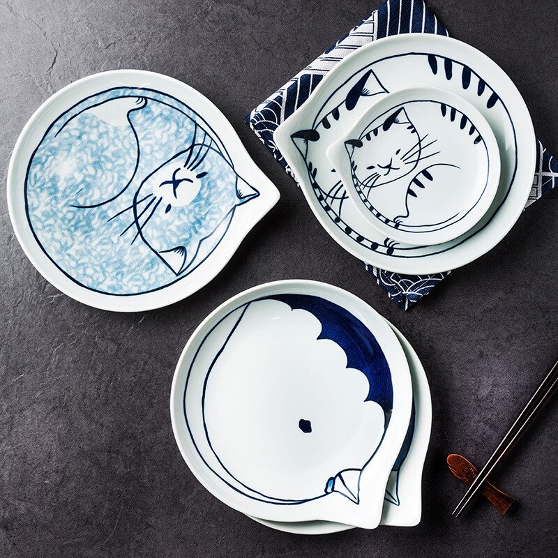 Japanese Style Ceramic Dessert Sauce Dish Tableware Cute Cartoon Lucky Cat Pattern Water Shape Fruit Sushi Plates