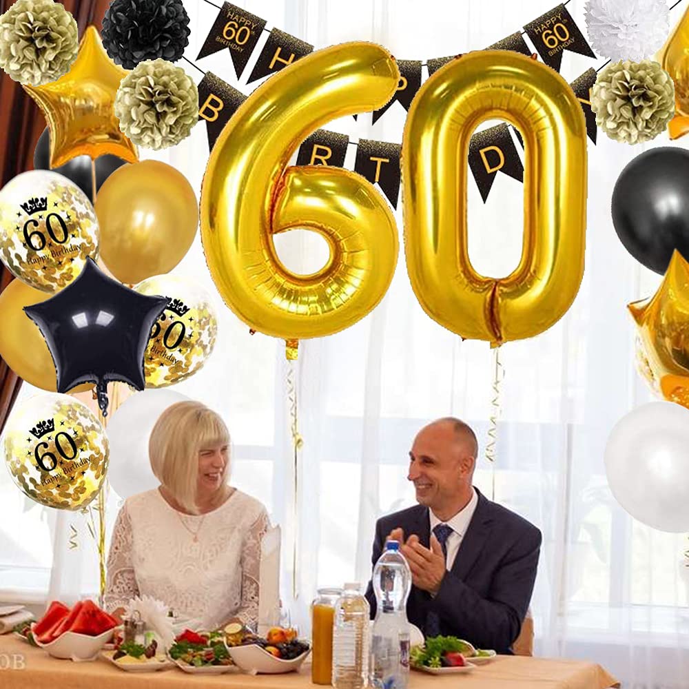 Decoraciones de 60 cumpleaños para hombres y mujeres, globos de 60 cumpleaños de oro negro, pompones de papel, confeti, globo impreso de feliz cumpleaños