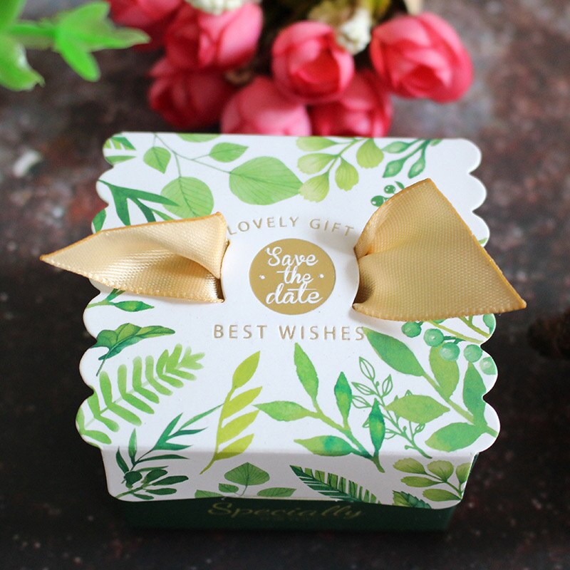 10pcs Lint Bronzing box Candy Bag wedding geschenkdoos dank u box cookie bag merci favor Tassen: Green leaves