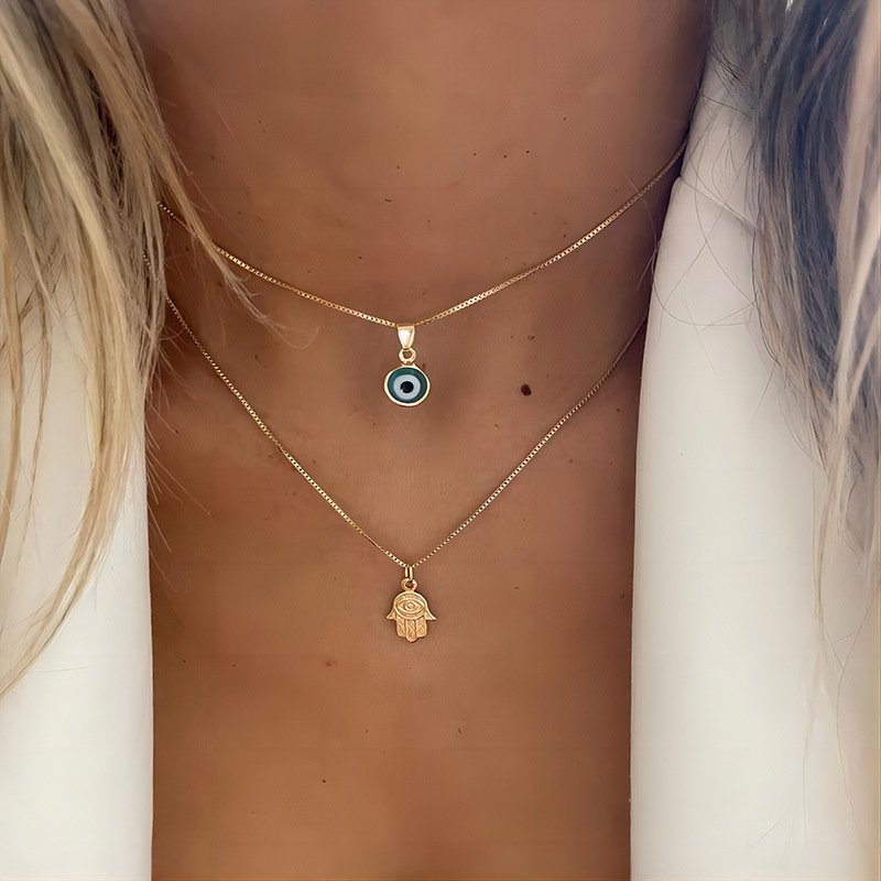Collier porte-bonheur turc Double couche avec pendentif mauvais yeux pour femmes, Micro pavé de strass, chaînes de clavicule, bijoux: Couleur or jaune pâle
