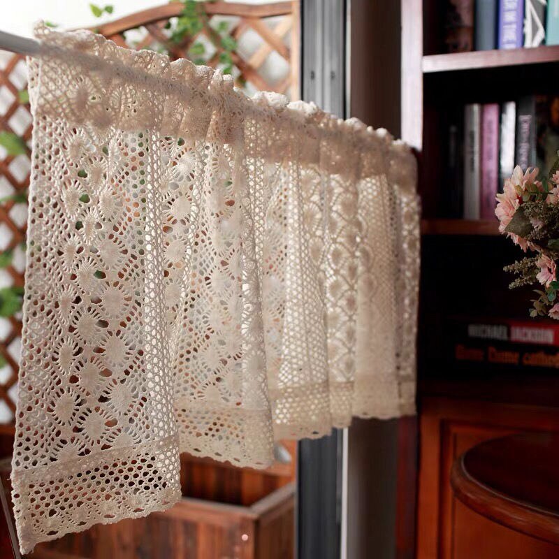 Demi-rideau Cuisine Style Rustique - 45 X 150 Cm - Coton Et Lin Avec Pompons - Dentelle Creuse - Lavage Main - 4