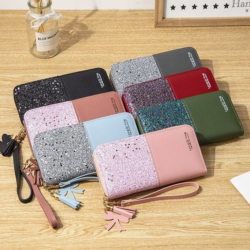 Puimentiua pailletten-Patchwork-glitzergeldbörse für damen, lange geldbörse aus pu-leder, münzfach, damengeldbörsen, mädchengeldbörsen