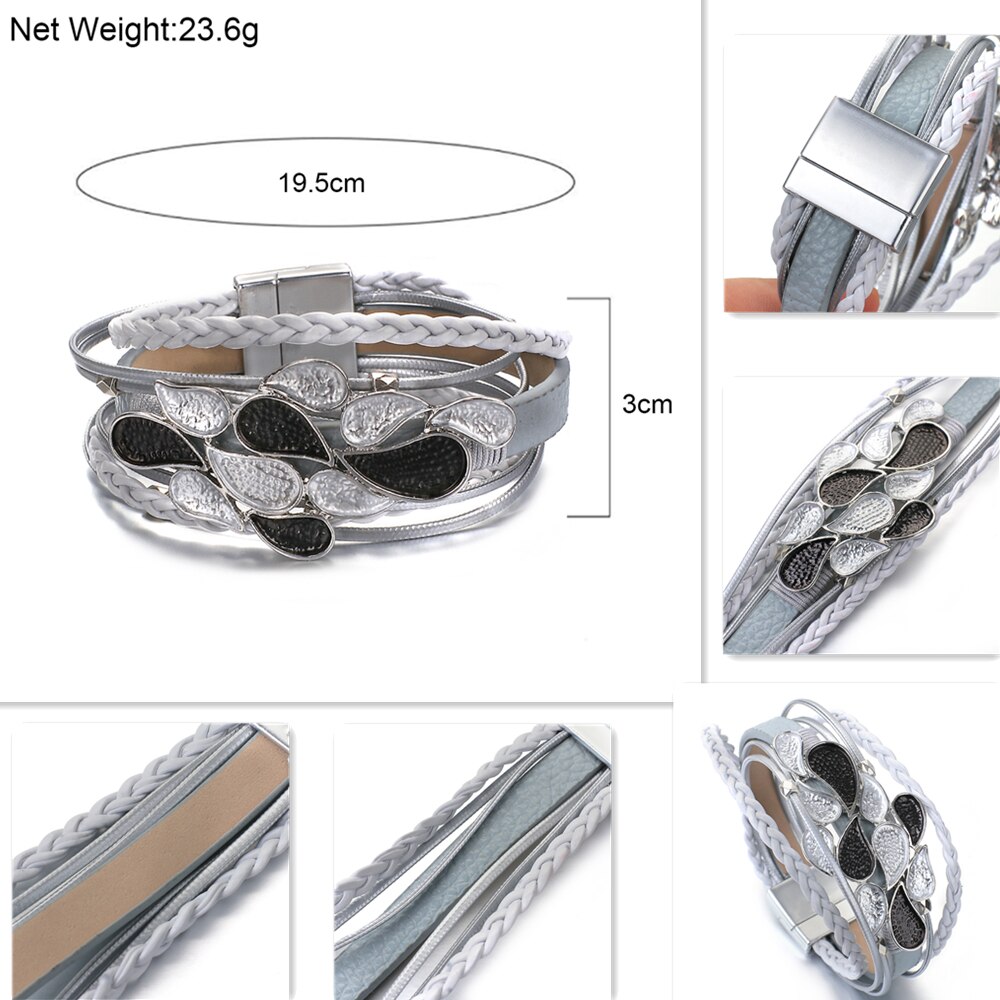 ALLYES Enamel Metal Waterdrop Magatama Charm Leather Bracelets for Women Bohemian Multilayer Braided Bracelet Unisex Jewelry