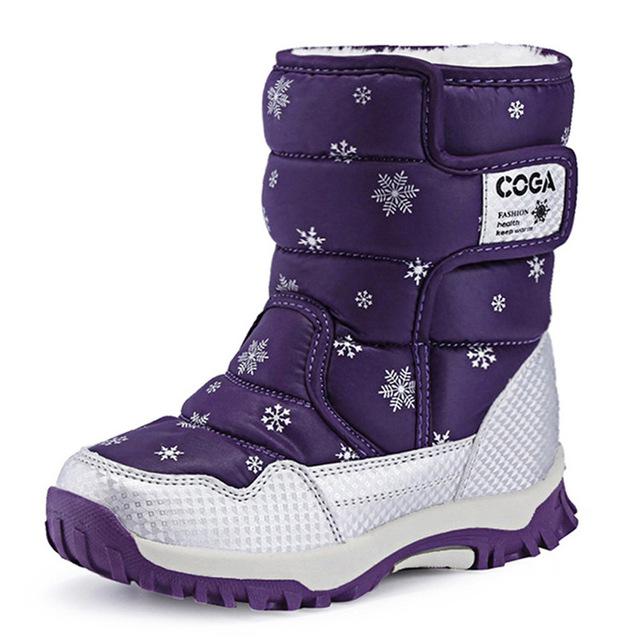 Brand Winter Children Shoes Girl And Boy Boots Water-proof Leather Kids Snow Boots Plush Waterproof Shoes: Purple / 10