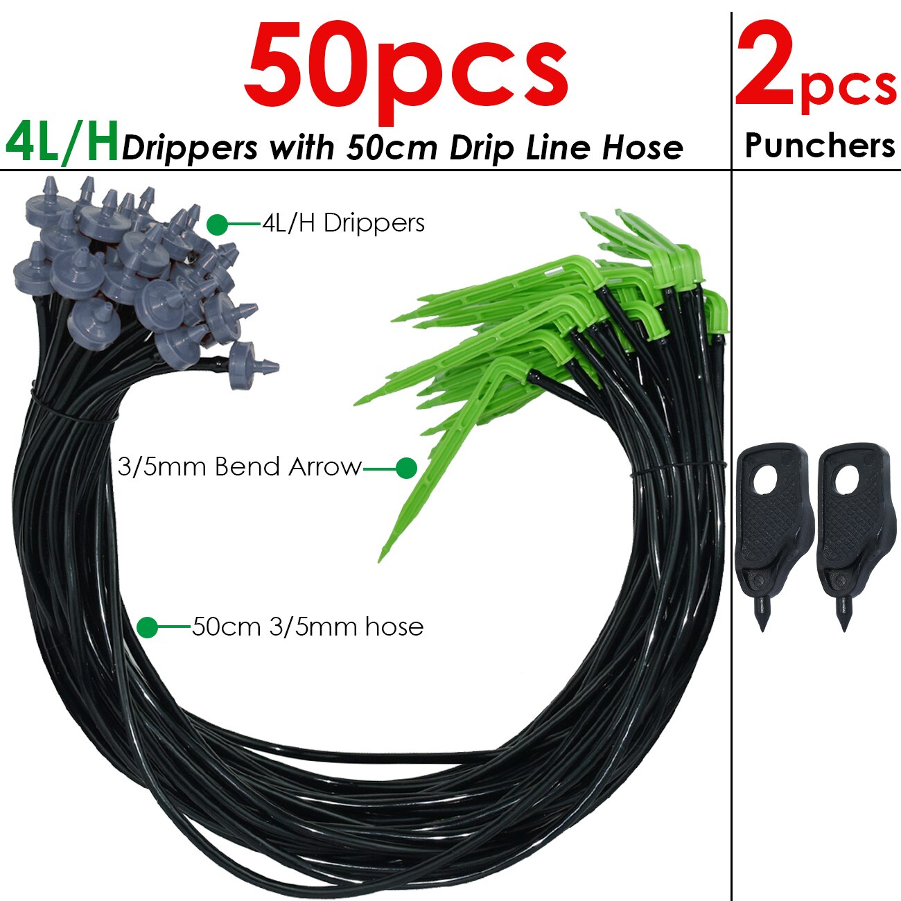 KESLA invernadero 50 Uds riego por goteo 2L/H 4L 8L goteros de flecha curva Kit de sistema de riego de jardín manguera de 3/5mm para herramientas de macetas: YELLOW