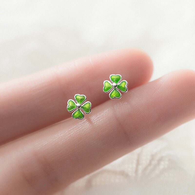 INZATT Real 925 Sterling Silver Minimalist Enamel Clover Stud Earrings For Women Cute Fine Jewelry Lucky Accessories