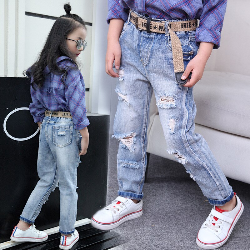 Barn jeans bär trasiga hål jeans baby girl vår och höst långa trasiga byxor denim byxa barn jeans för flickor