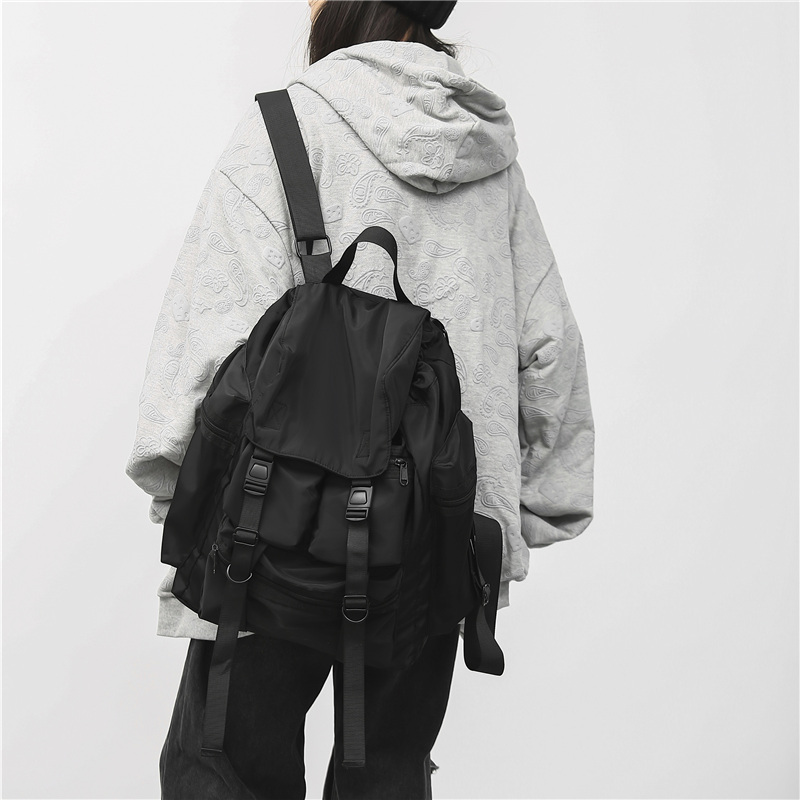 Sacs à dos noirs solides pour hommes, Style Streetwear Cool, Harajuku, grande capacité, sacs d&#39;école imperméables en Nylon pour hommes