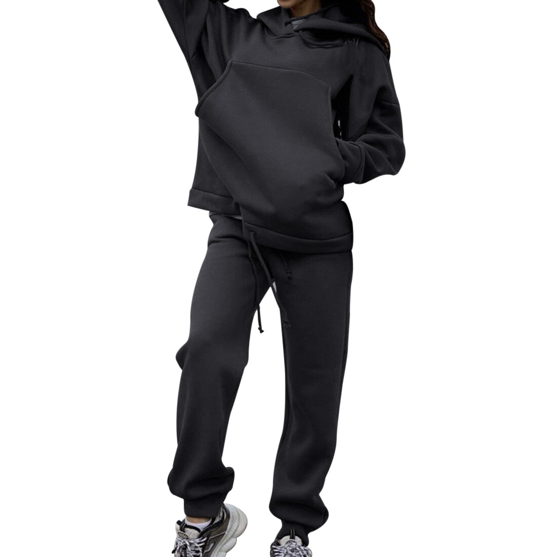 Trainingspak 2 Stuks Vrouwen Set Hoodies Grote Zak Effen Sweatshirt Losse Joggingbroek Joggers Hooded 2 Stuks Sets Vrouwen Suits: XL / black