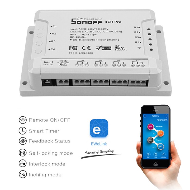 Sonoff 4CH Pro R3 Wireless Switch RF 433MHz RF WiFi Smart Home WiFi Light Switch4 Gang 3 Working Modes Inching Interlock Alexa
