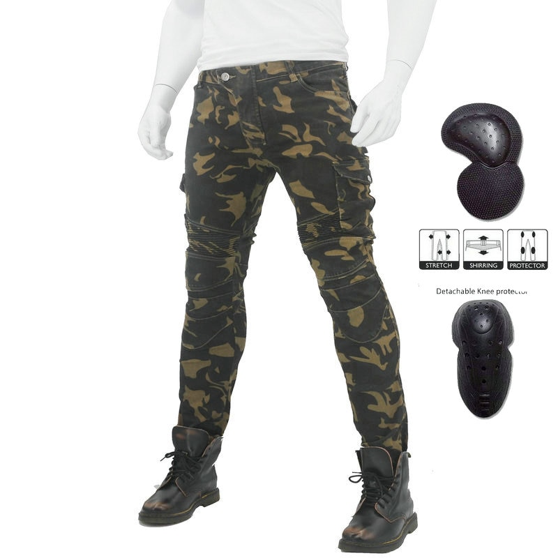 Motocykl UBS06 dżinsy moro wypoczynek motocyklowe męskie terenowe spodnie jeździeckie z ochroną sprzętu ochraniacze na kolana