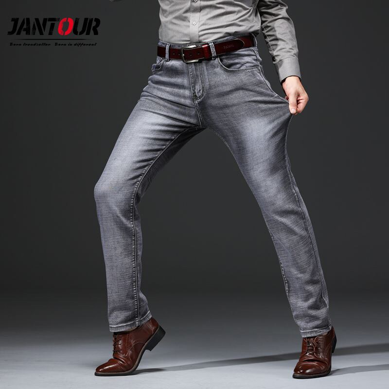 Jantour merk heren grijze casual jeans business stretch rechte denim broek broek heren plus size 36 38 40