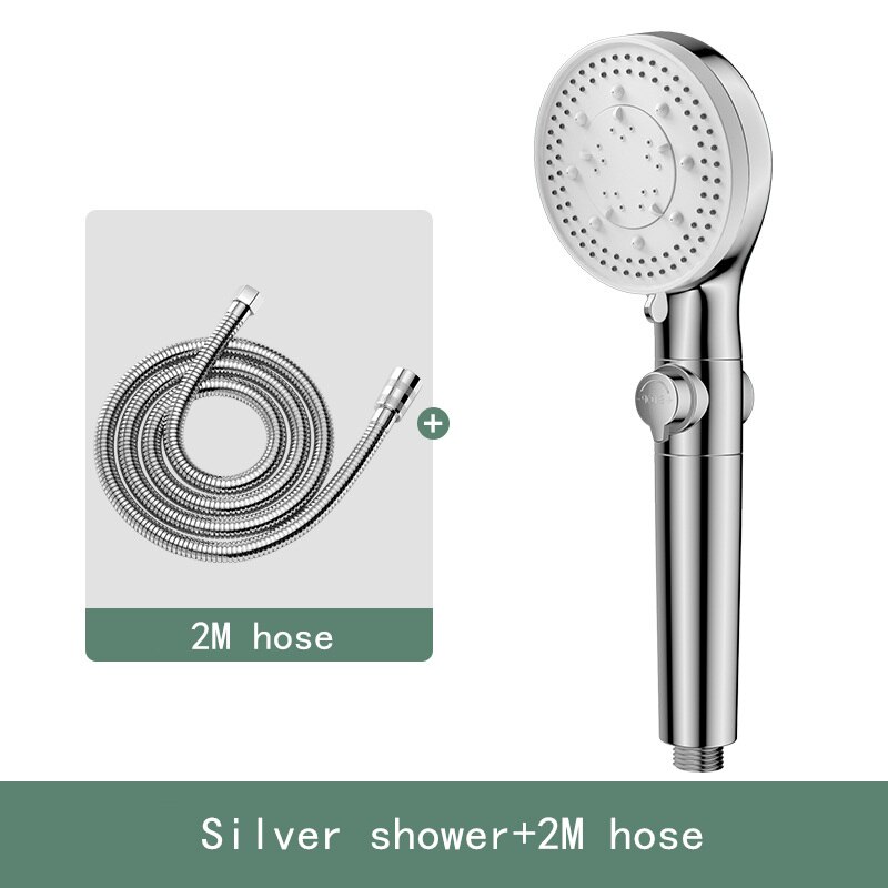 high pressure black shower head 5 functions with switch on/off button spray Water Saving Shower Adjustable Bath shower: Silver set 3