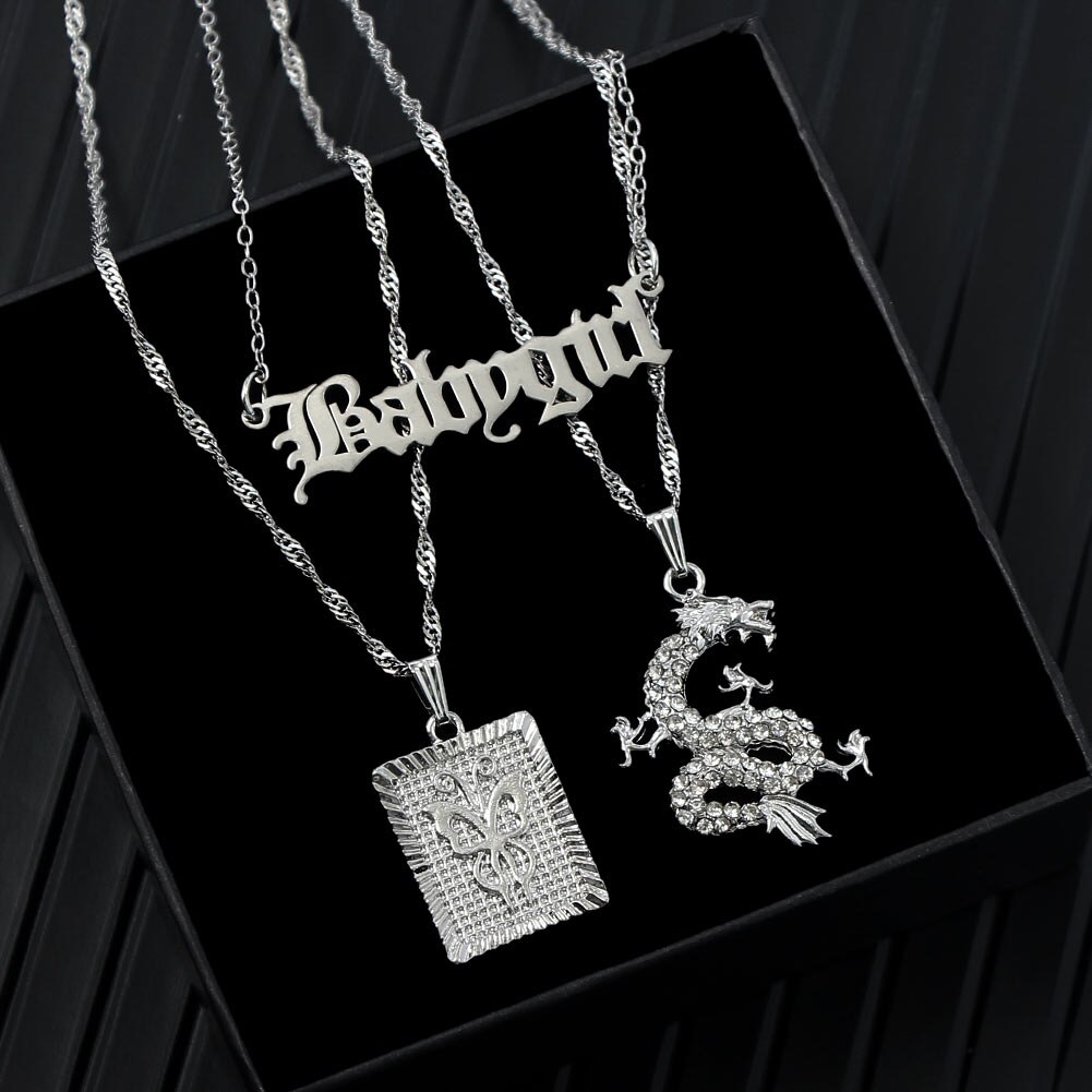 Flatfoosie Hip-hop Silver Color Babygirl Letter Pendant Necklace for Women Punk Crystal Dragon Twist Chain Necklace Jewelry