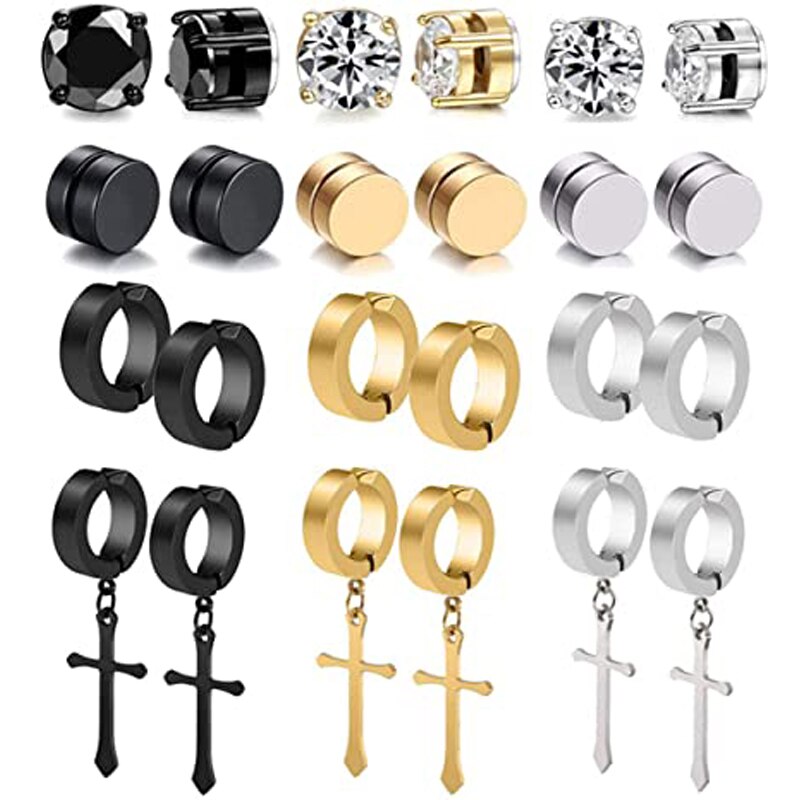 12 Pairs Stainless Steel Non Pierced Magnetic Earrings for Men Women CZ Clip on Dangle Earrings Set Hip Hop Rock Punk Retro: Mix Set-12 pairs