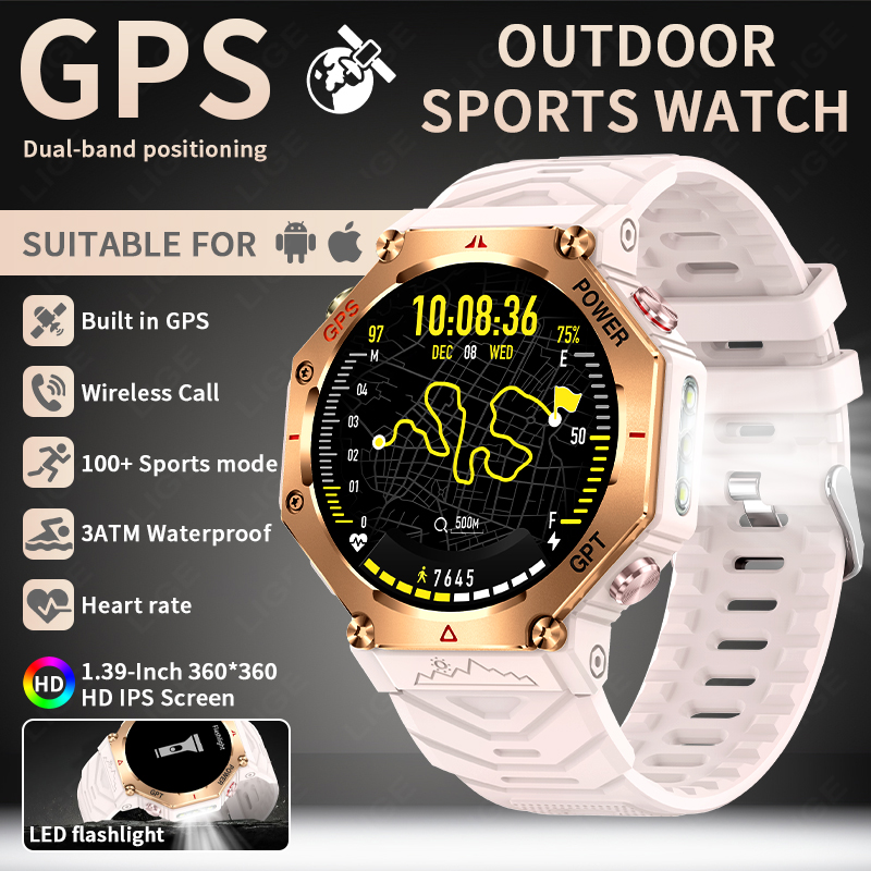 LIGE 2025 Nuova posizione GPS Smartwatch per uomo 530mAh Bluetooth chiamata bussola torcia a LED 3ATM Smartwatch militare impermeabile: green