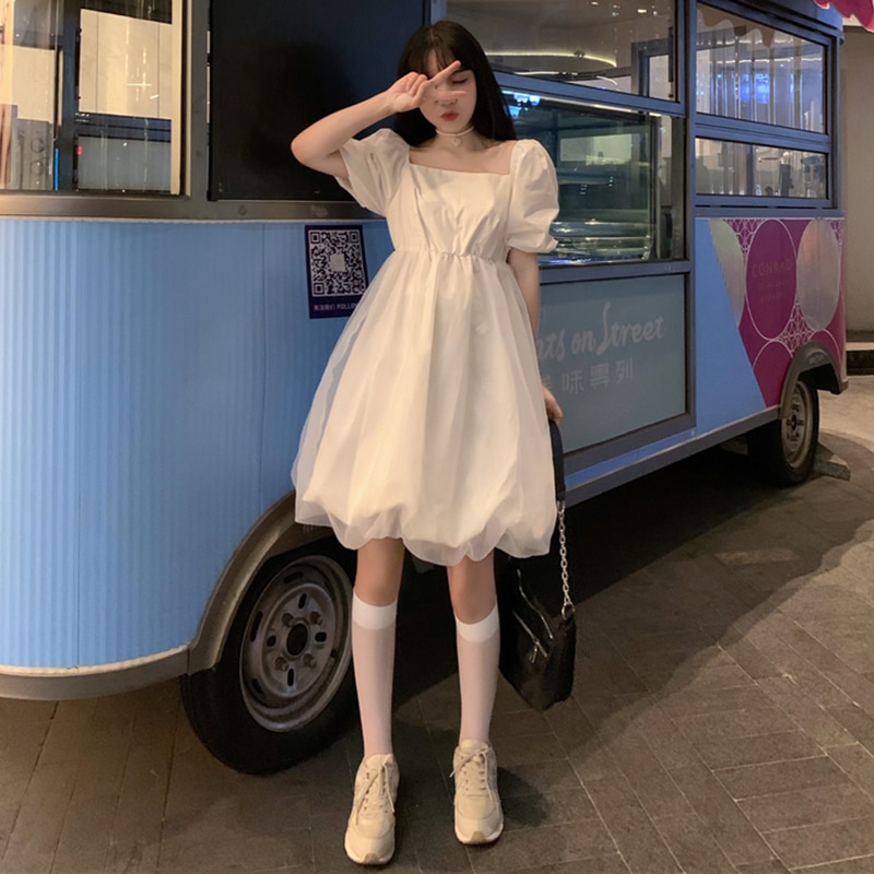 Fee Zoete Onsterfelijke Mesh Midi Bubble Rok Hipster Bladerdeeg Mouw Vierkante Kraag Jurk Zomer Stijl Sweet Lolita Dress: WHITE / S