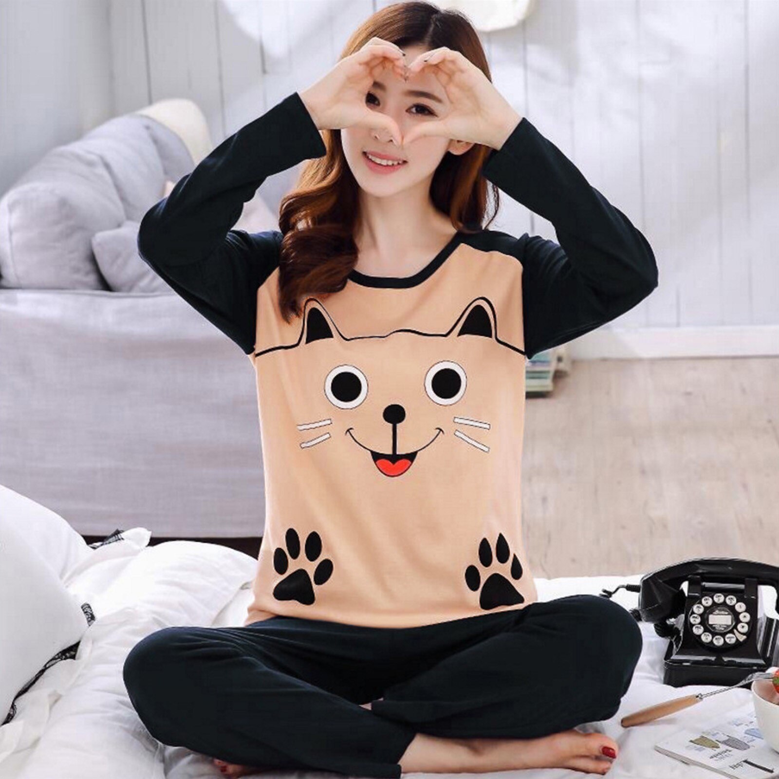 Pyjama 100% coton pour Femme, manches longues, joli imprimé, protection, ensemble 2 pièces, vêtements de nuit, automne et hiver