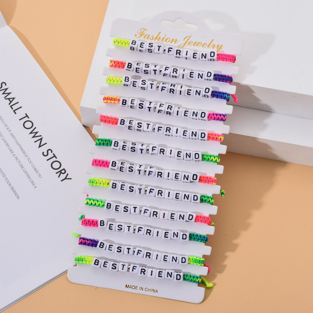 Women Men 12pcs/Set Best Friend Letter Charms Seed Bead Bracelet Adjustable Rope Chain Anklets Girl Kids Jewelry