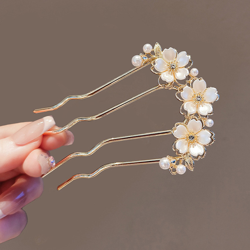 Peinetas para el cabello onduladas con flores y perlas para mujer, horquilla estilo bosque en forma de U, broche para el cabello con cabeza de moño de Metal de alta gama: YELLOW