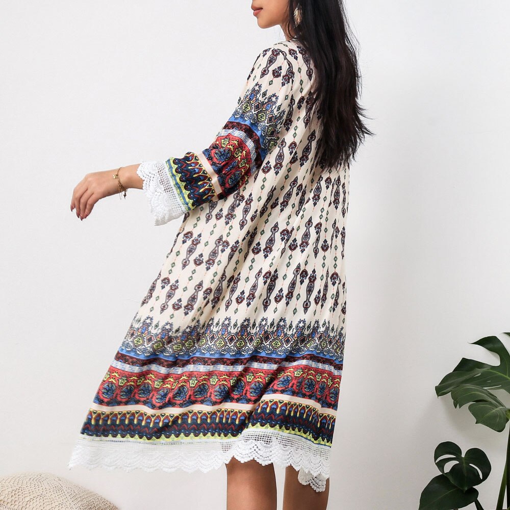 Kimono largo con estampado entérico, cárdigan suelto con empalme de encaje, abrigo de verano, informal, ropa de playa, vacaciones, blusa de playa, ,