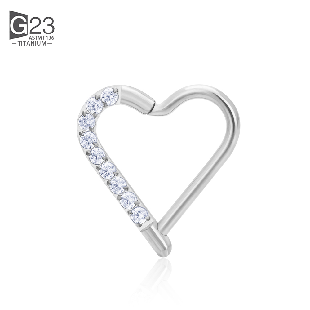 ASTM F-136 anneau de nez en titane Daith coeur boucle d'oreille cerceau Cartilage Tragus D forme Helix anneaux articulé Segment cerceau avec CZ clair: WHITE / Pistolet noir plaqué