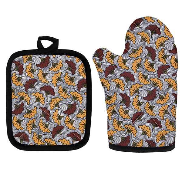 Set Van 2 Afrikaanse Etnische Tribal Bloemen Keuken Koken Magnetron Handschoenen Mitts Pot Pad Heat Proof Beschermd Thuis Bakken pads: HTAE001D19
