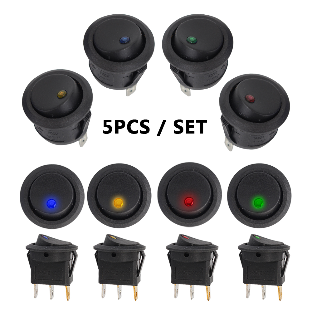 Round Rocker Dot Switch Luminescence Toggle Switches Car Pushbutton Switch 5Pcs/Set 12V ON/OFF Waterproof