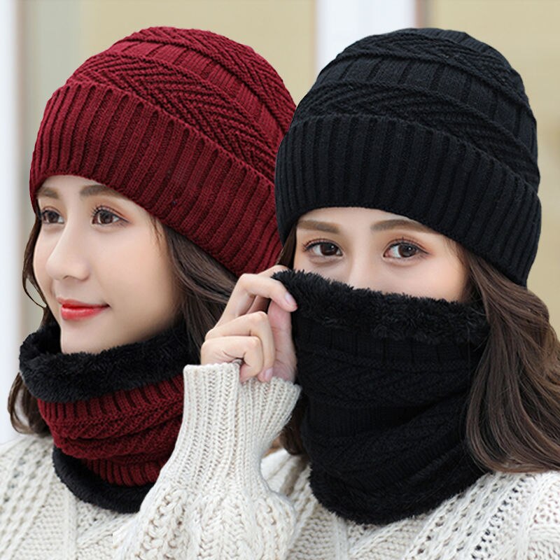 Gorro de invierno tejido, conjunto de bufanda, gorros gruesos de algodón para mujer, cuello, suave gorro de felpa que mantiene el calor para mujer