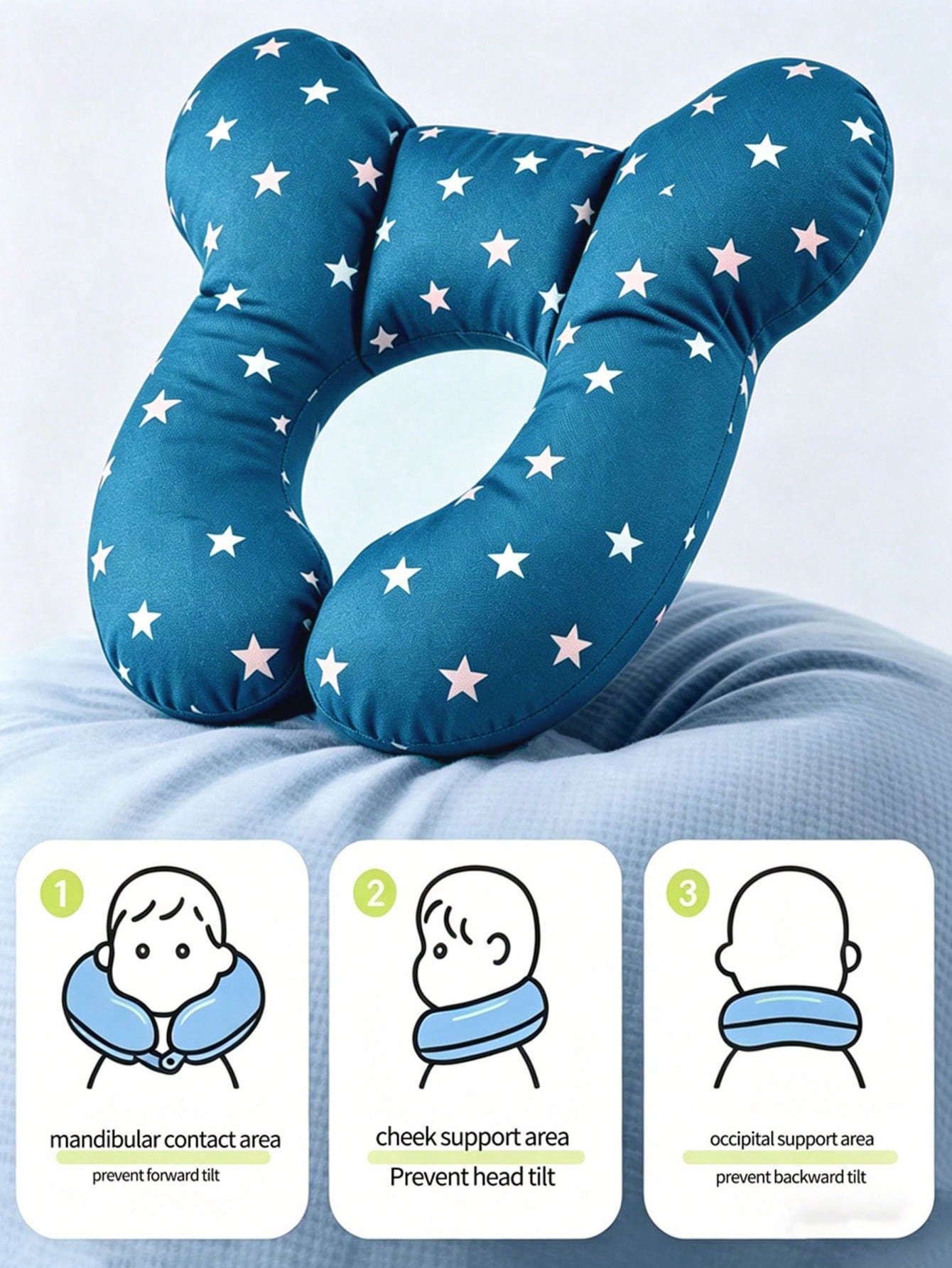 Cuscino a forma di U per bambini, cuscino da viaggio per neonati, motivo a cartoni animati morbido, traspirante e carino, cuscino morbido per il supporto della testa del bambino, adatto per seggiolini auto, passeggini e viaggi