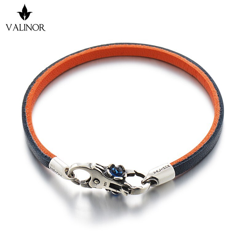 Blue orange dubbele Laag van de eerste laag van lederen armband 925 sterling Zilveren Armbanden SCNP001: One layer / 16CM