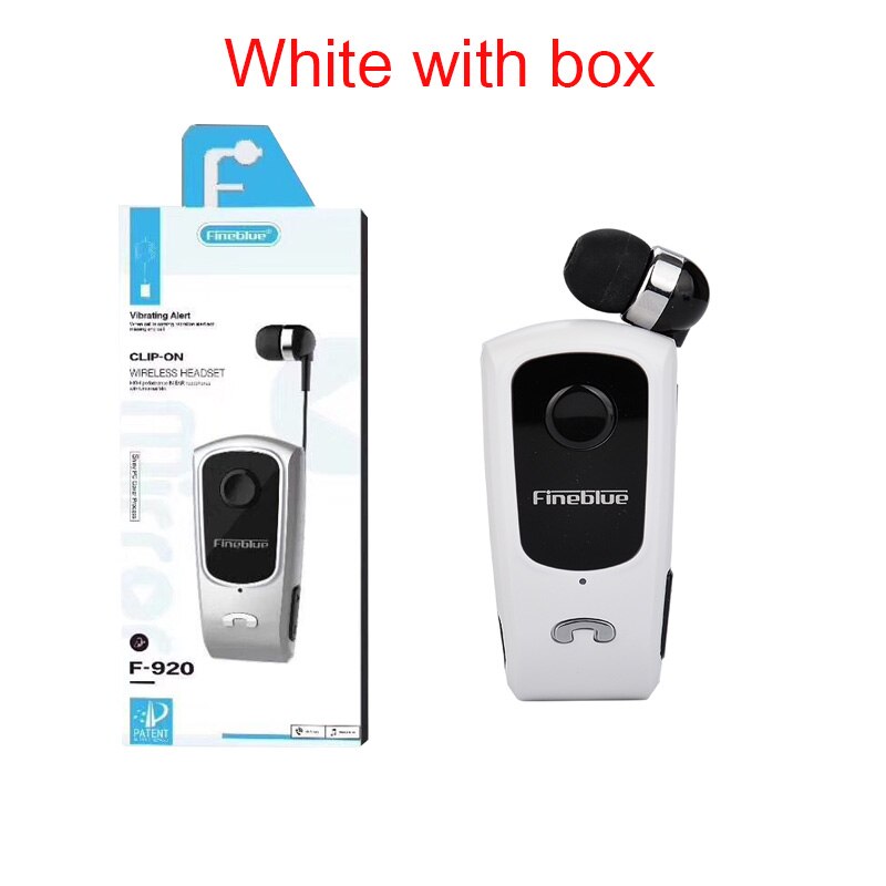 FineBlue F920 Retractable Wireless Bluetooth Earphones Handsfree Headset Stereo Headphone Clip Mic Phone Call Portable: White with box