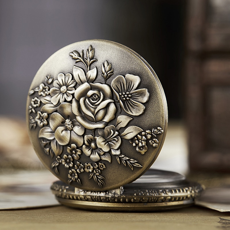 Ancient Pocket Watch Fob Chain Flower Rose Engrave Clock Mens Flip Bronze Case Watch Vintage Male Watches for Men Women